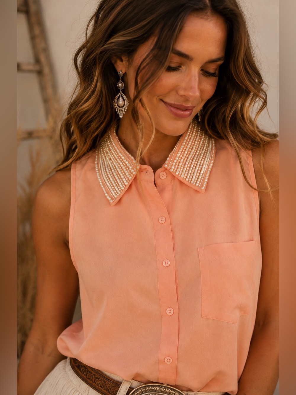 VINTAGE Pearl-Embellished Sheer Sleeveless Blouse‎. Medium. EUC